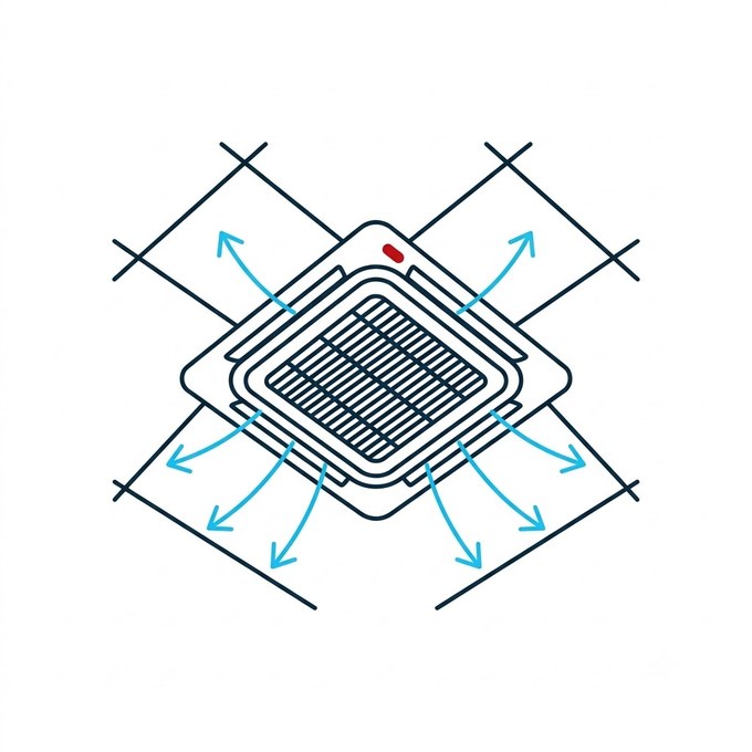 Recessed ceiling cassette air conditioning unit with four-way airflow