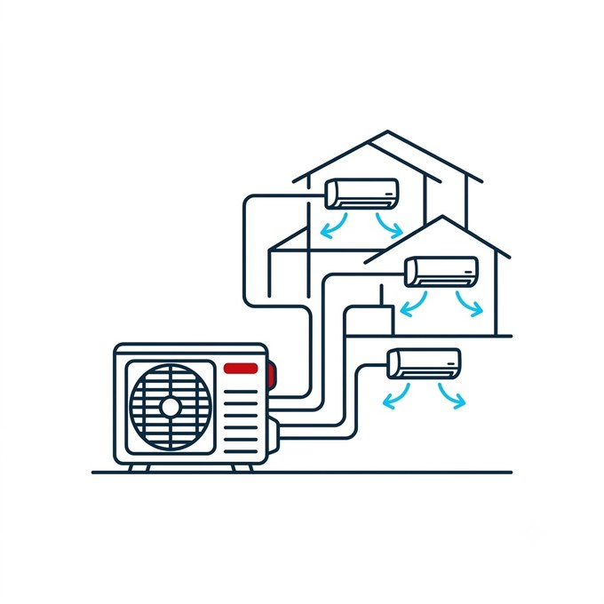 Multi-split system with one outdoor unit serving several rooms